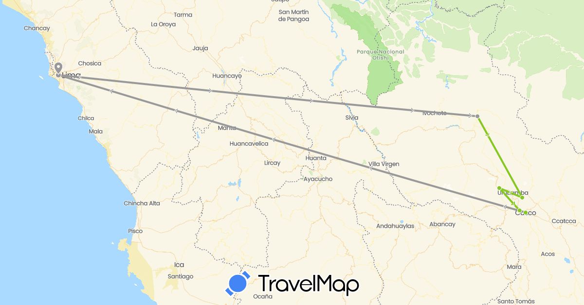 TravelMap itinerary: plane, electric vehicle in Peru (South America)